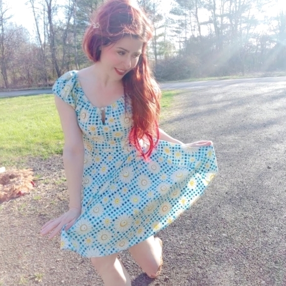Hell Bunny Dresses & Skirts - Hell Bunny daisy blue gingham rockabilly retro dress w/keyhole full skirt small